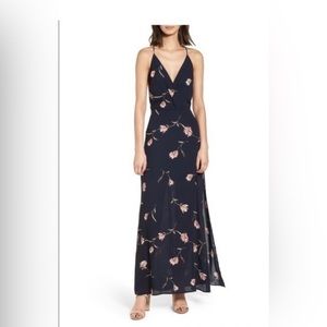 LUSH Navy Blue Floral Surplice Maxi Dress Side Slit Open Back Deep V  size XS